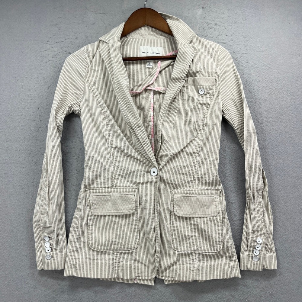 Banana Republic Blazer Womens 4 Tan White Stripe Office Quiet Luxury Seersucker